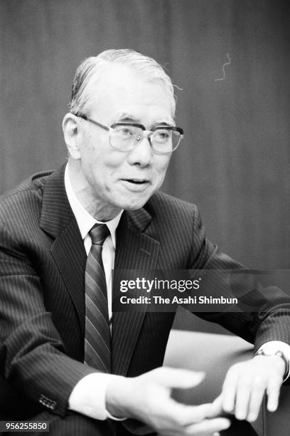 Yamato Transport Chairman Masao Ogura speaks during the Asahi Shimbun interview on November 28, 1990 in Tokyo, Japan.