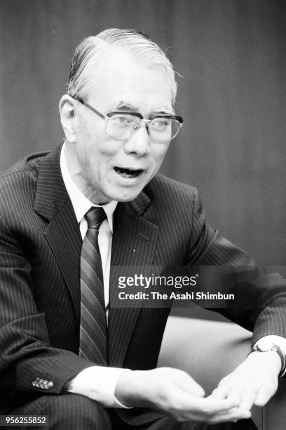 Yamato Transport Chairman Masao Ogura speaks during the Asahi Shimbun interview on November 28, 1990 in Tokyo, Japan.