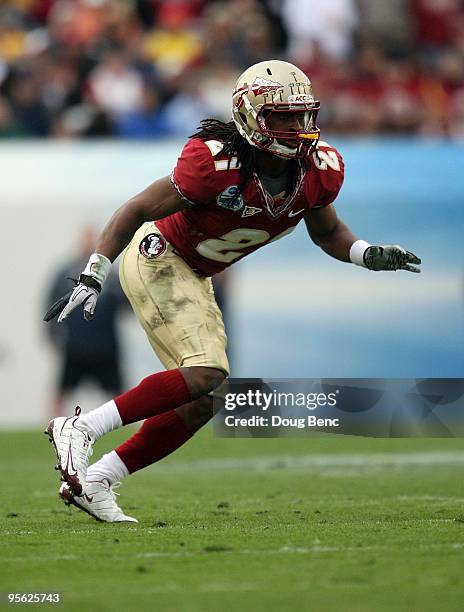 Cornerback Patrick Robinson of the Florida State Seminoles drops back into coverage against the West Virginia Mountaineers during the Konica Minolta...