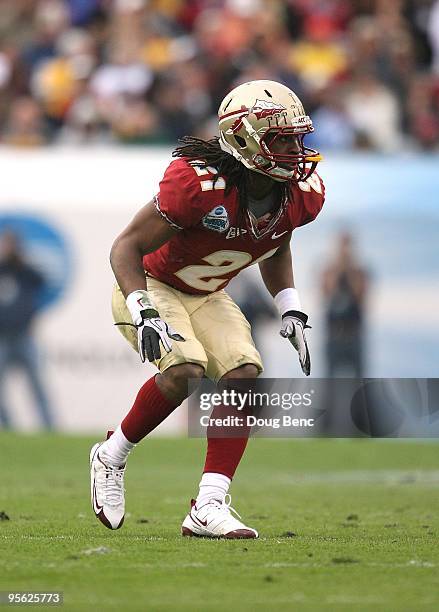 Cornerback Patrick Robinson of the Florida State Seminoles drops back into coverage against the West Virginia Mountaineers during the Konica Minolta...