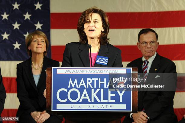 Vicki Kennedy endorses Democratic Senate nominee and Massachusetts Attorney General Martha Coakley as Senator Paul G. Kirk looks on January 7, 2010...