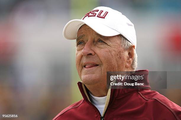 Head coach Bobby Bowden of the Florida State Seminoles watches his team take on the West Virginia Mountaineers during the Konica Minolta Gator Bowl...