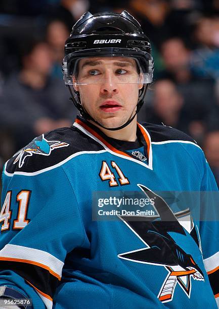 Jed Ortmeyer of the San Jose Sharks looks on against the Los Angeles Kings during an NHL game on January 4, 2010 at HP Pavilion at San Jose in San...