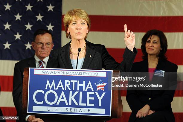 Democratic Senate nominee and Massachusetts Attorney General Martha Coakley speaks after receiving an endorsement from Kennedy family members Vicki...