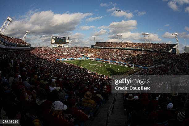 General view from high in the stadium as the Florida State Seminoles take on the West Virginia Mountaineers during the Konica Minolta Gator Bowl on...