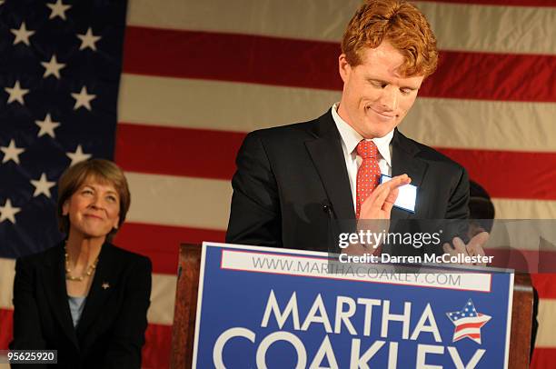 Democratic Senate nominee and Massachusetts Attorney General Martha Coakley receives an endorsement from Joseph Kennedy III January 7, 2010 at the...