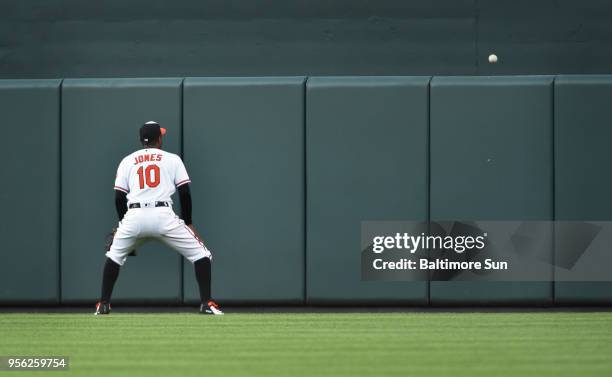 Baltimore Orioles center fielder Adam Jones watches a home run by the Kansas City Royals' Salvador Perez clear the wall in the first inning at Oriole...