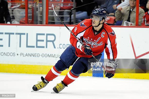 Alex Ovechkin of the Washington Capitals skates down the ice against the Montreal Canadiens at the Verizon Center on January 5, 2010 in Washington,...