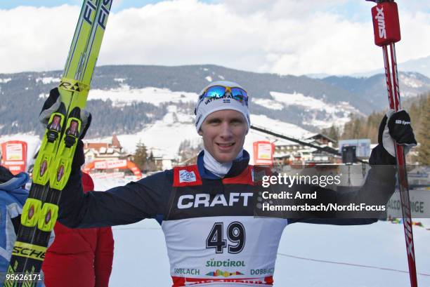 Todays winner Daniel Rickardsson of Sweden reacts after the race during the 10km men for the FIS Cross Country World Cup Tour de Ski on January 07,...