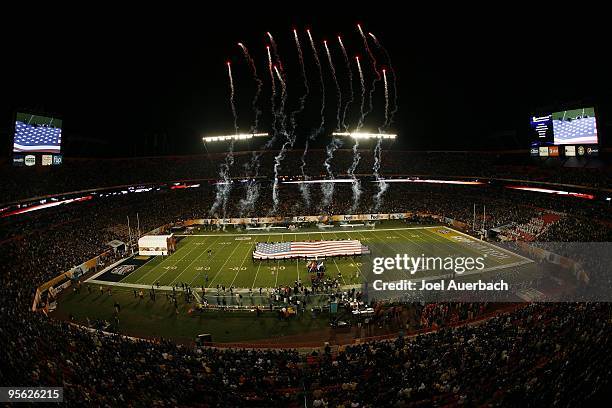 General view as fireworks light the sky during the playing of the National Anthem prior to the game between the Georgia Tech Yellow Jackets and the...