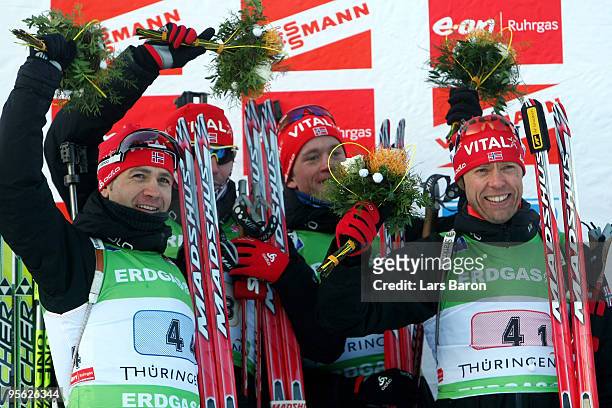 The team of Norway Ole Einar Bjoerndalen, Emil Hegle Svendsen, Tarjei Boe and Halvard Hanevold pose after winning the Men's 4 x 7,5km Relay in the...