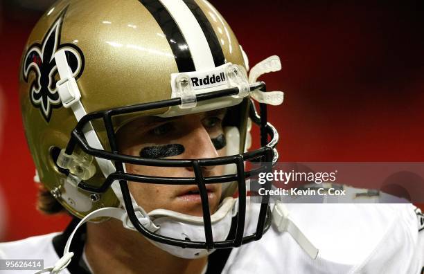 Quarterback Drew Brees of the New Orleans Saints against the Atlanta Falcons at Georgia Dome on December 13, 2009 in Atlanta, Georgia.