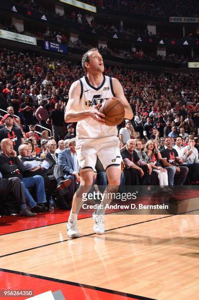Joe Ingles of the Utah Jazz handles the ball against the Houston Rockets during Game Five of the Western Conference Semifinals of the 2018 NBA...