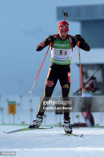 Arnd Peiffer of Germany competes during the Men's 4 x 7,5km Relay in the e.on Ruhrgas IBU Biathlon World Cup on January 7, 2010 in Oberhof, Germany.