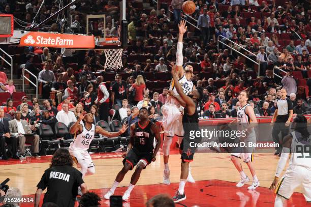Rudy Gobert of the Utah Jazz goes up for a block against the Houston Rockets during Game Five of the Western Conference Semifinals of the 2018 NBA...