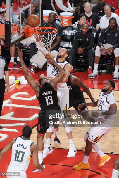 Rudy Gobert of the Utah Jazz goes up for a block against the Houston Rockets during Game Five of the Western Conference Semifinals of the 2018 NBA...