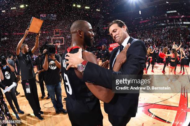 Chris Paul of the Houston Rockets and Head Coach Quin Snyder of the Utah Jazz hug after the game during Game Five of the Western Conference...