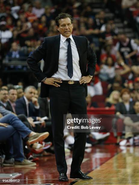 Head coach Quin Snyder of the Utah Jazz looks on in the fourth quarter during Game Five of the Western Conference Semifinals of the 2018 NBA Playoffs...