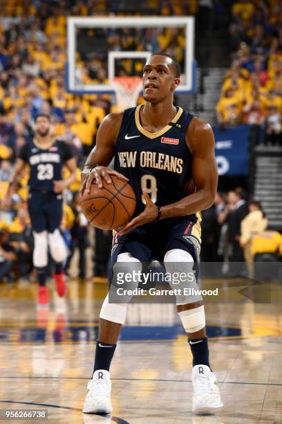 Rajon Rondo of the New Orleans Pelicans handles the ball against the Golden State Warriors in Game Five of the Western Conference Semifinals of the...