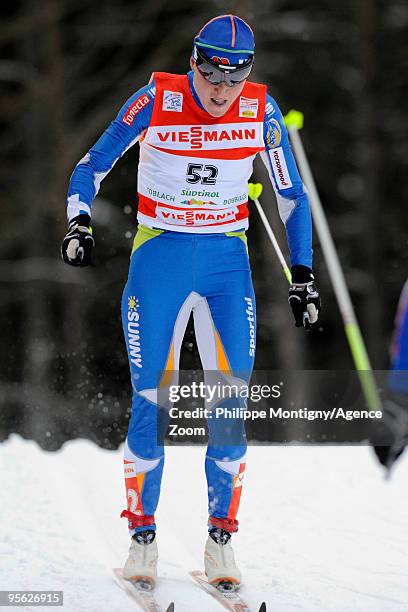 Aino-Kaisa Saarinen of Finland takes 2nd place during the Women's of the FIS Tour De Ski on January 7, 2010 in Toblach Hochpustertal, Italy.