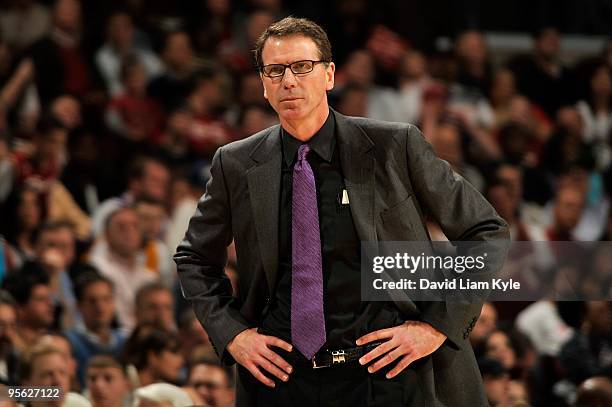 Head Coach Kiki Vandeweghe of the New Jersey Nets watches from the sidelines during the game against the Cleveland Cavaliers on December 15, 2009 at...