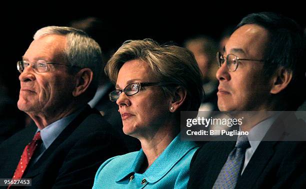 General Motors Chairman and CEO Ed Whitacre , Michigan Gov. Jennifer Granholm and U.S. Secretary of Energy Steven Chu wait to speak at an event where...