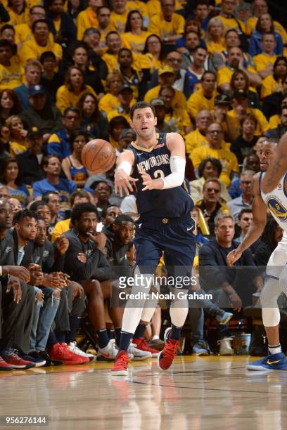 Nikola Mirotic of the New Orleans Pelicans passes the ball against the Golden State Warriors in Game Five of the Western Conference Semifinals during...