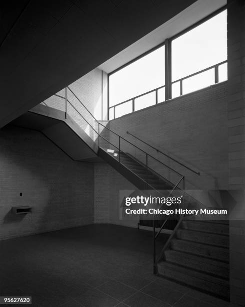 View of an interior stairwell at Alumni Memorial Hall at the Illinois Institute of Technology, Chicago, 1946. Designed by Ludwig Mies van der Rohe,...