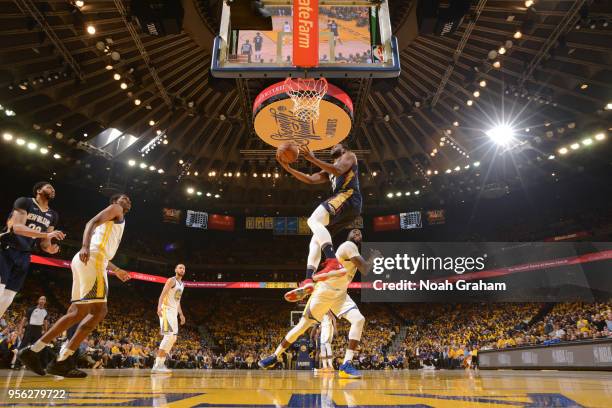 Darius Miller of the New Orleans Pelicans goes to the basket against the Golden State Warriors in Game Five of the Western Conference Semifinals...