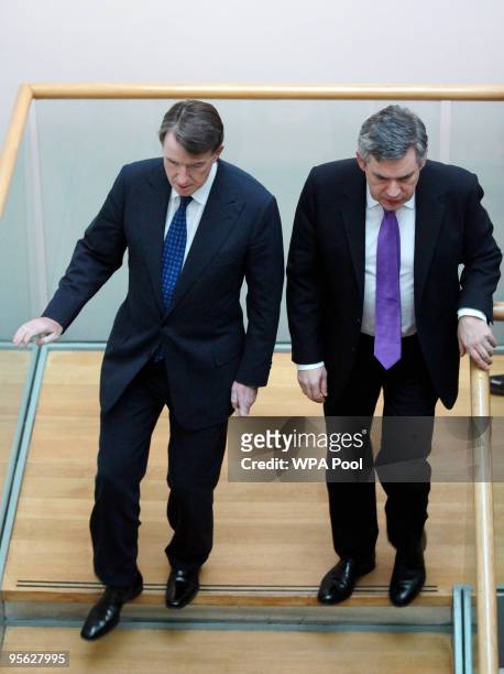 Britain's Prime Minister Gordon Brown and Lord Mandelson arrive at the launch of a new growth strategy at the Department for Business, Innovation &...