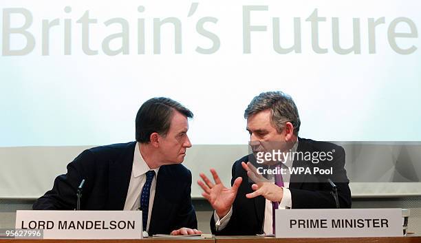 Britain's Prime Minister Gordon Brown and Lord Mandelson attend the launch of a new growth strategy at the Department for Business, Innovation &...
