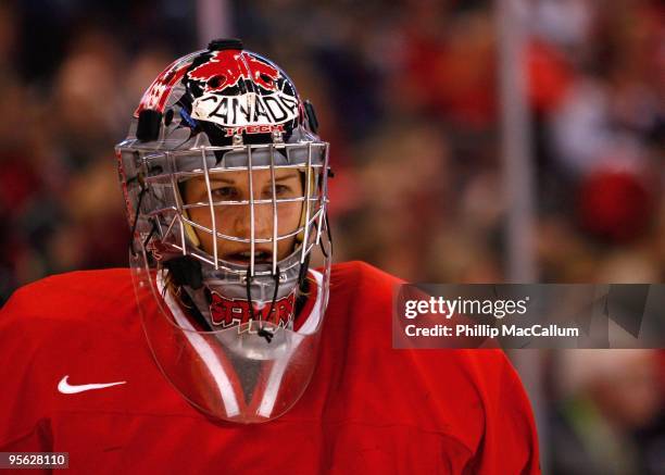 Kim St-Pierre of Team Canada looks on during the game against Team USA at Scotiabank Place on January 1, 2010 in Ottawa, Canada.