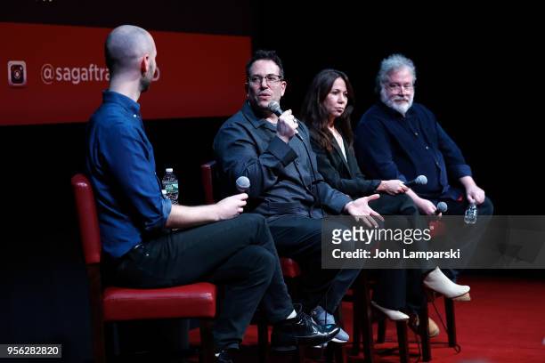 Moderator Mark Peikert speaks with director Michael Mayer, producer Leslie Urdang and producer Tom Hulce during the SAG-AFTRA Foundation...