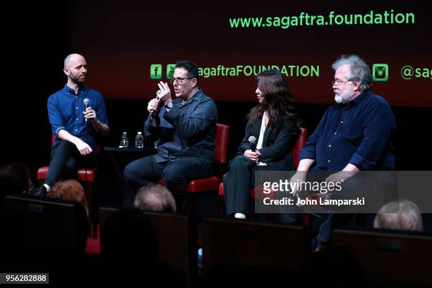 Moderator Mark Peikert speaks with director Michael Mayer, producer Leslie Urdang and producer Tom Hulce during the SAG-AFTRA Foundation...