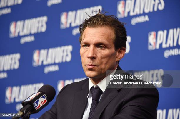 Head Coach Quin Snyder of the Utah Jazz talks with media after the game against the Houston Rockets during Game Five of the Western Conference...