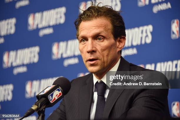 Head Coach Quin Snyder of the Utah Jazz talks with media after the game against the Houston Rockets during Game Five of the Western Conference...