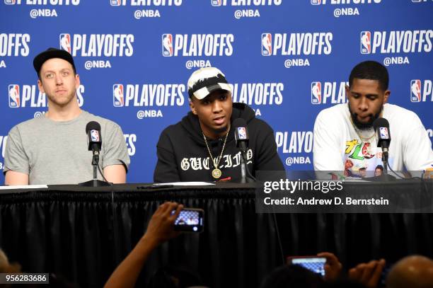 Joe Ingles, Donovan Mitchell, and Royce O'Neale of the Utah Jazz talk with media after the game against the Houston Rockets during Game Five of the...