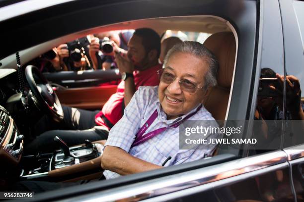 Former Malaysian prime minister and opposition party Pakatan Harapan's candidate Mahathir Mohamad leaves a polling station after casting his vote...