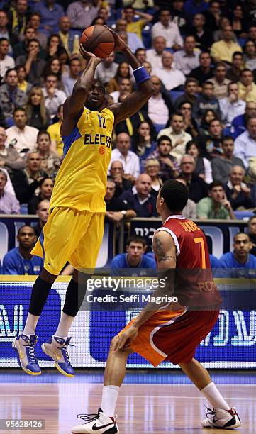 Stephane Lasme, #12 of Maccabi Electra Tel Aviv in action during the Euroleague Basketball Regular Season 2009-2010 Game Day 9 between Maccabi...