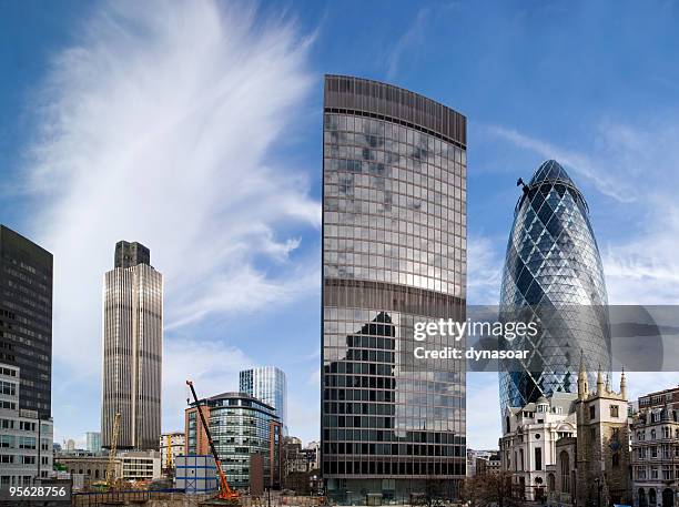 london financial district skyscrapers - london swiss re stock pictures, royalty-free photos & images