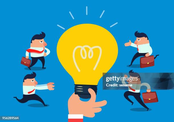 businessmen running together light bulbs in giant hands - light at the end of the tunnel stock illustrations stock illustrations