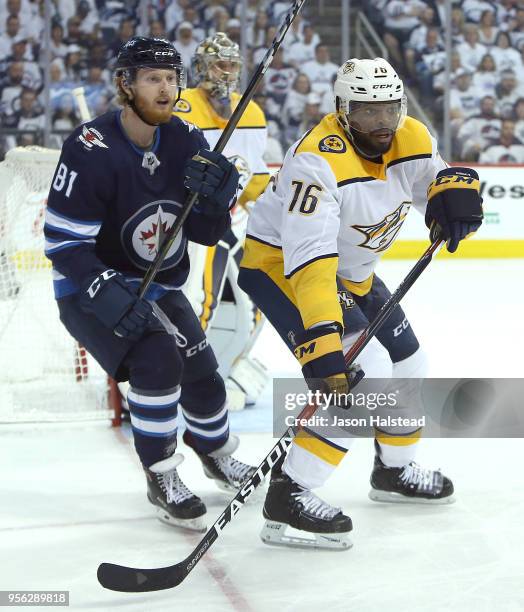 Subban of the Nashville Predators and Kyle Connor of the Winnipeg Jets follow the puck in Game Six of the Western Conference Second Round during the...