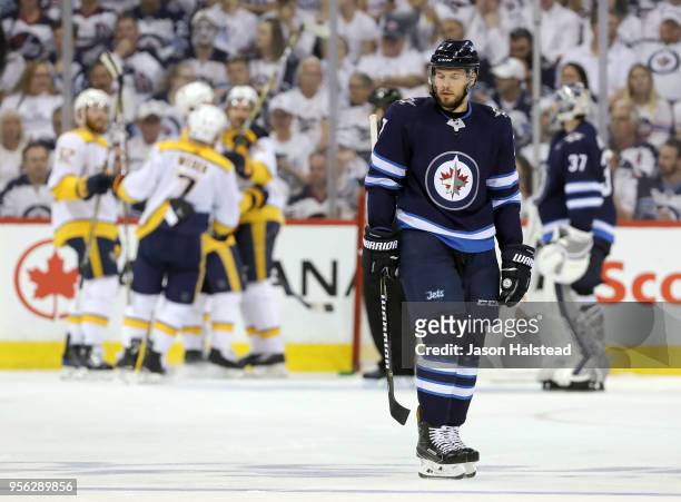 Ben Chiarot of the Winnipeg Jets reacts after Filip Forsberg of the Nashville Predators scored his first goal of the game in Game Six of the Western...