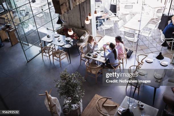 three businesswomen having meeting and business lunch at high-end restaurant - women meeting lunch stock pictures, royalty-free photos & images