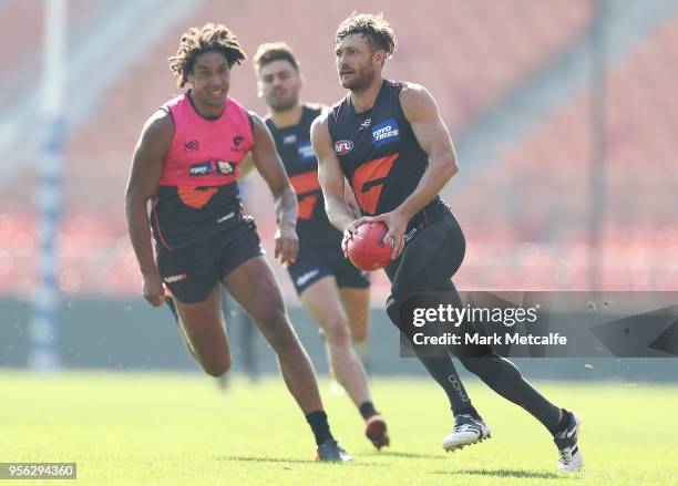 Sam J Reid of the Giants in action during a Greater Western Sydney Giants AFL training session at Spotless Stadium on May 9, 2018 in Sydney,...