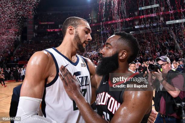 Rudy Gobert of the Utah Jazz and James Harden of the Houston Rockets after the game in Game Five of the Western Conference Semifinals of the 2018 NBA...