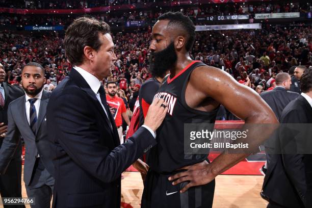 James Harden of the Houston Rockets and Quin Snyder of the Utah Jazz after Game Five of the Western Conference Semifinals of the 2018 NBA Playoffs on...