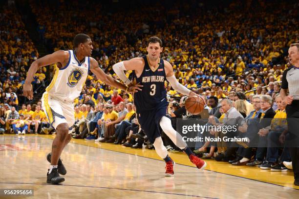 Nikola Mirotic of the New Orleans Pelicans handles the ball against the Golden State Warriors in Game Five of the Western Conference Semifinals...