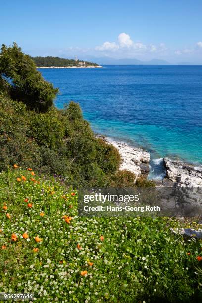 view of the cape with lighthouse - fiskardo stockfoto's en -beelden