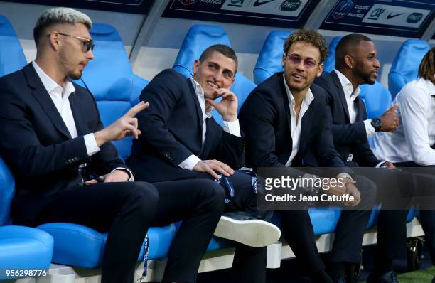 Goalkeeper Sebastien Cibois, Marco Verratti, Neymar Jr, Kevin Rimane of PSG seating on the bench before the French Cup final between Les Herbiers VF...